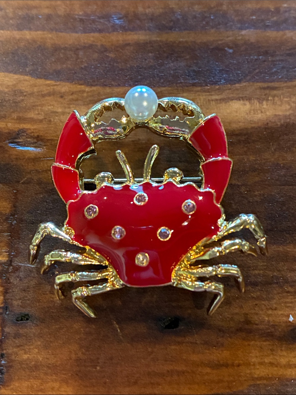 Gold-Tone Red Crab Brooch with Pearl Accent